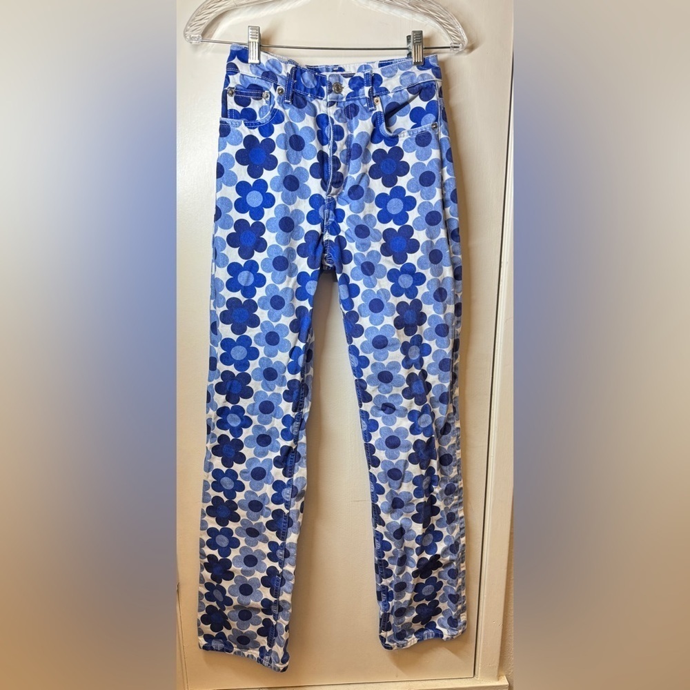 Zara Women’s Floral Blue White High Rise Straight Leg Button Fly Cotton Jeans 2 - Picture 2 of 13